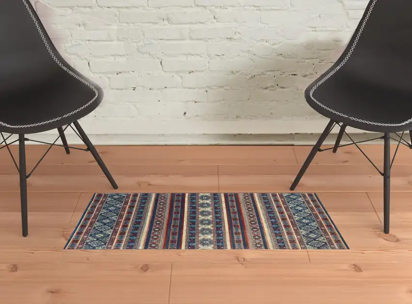 Blue Red And Ivory Geometric Power Loom Distressed Stain Resistant Area Rug Photo 2
