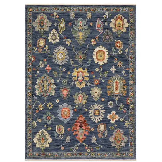 Blue Red And Ivory Oriental Area Rug With Fringe Photo 3