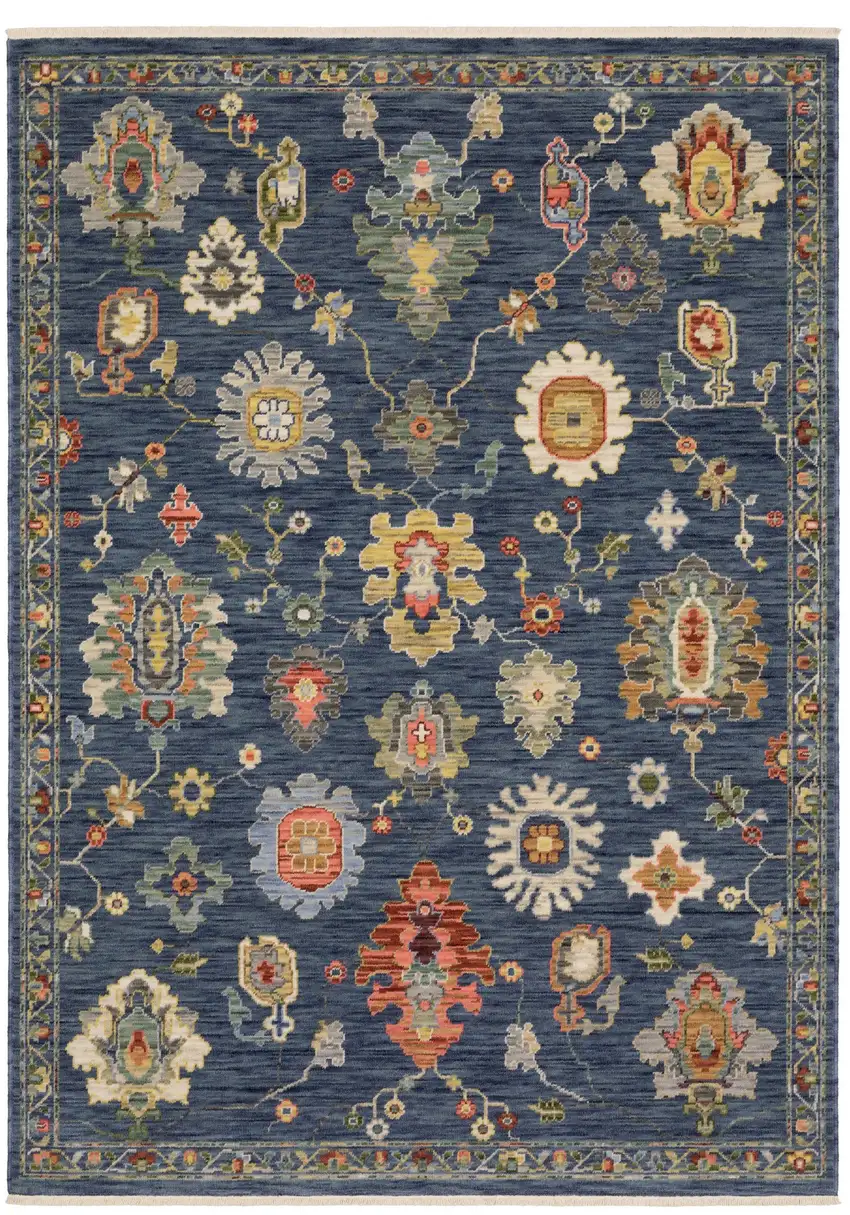 Blue Red And Ivory Oriental Area Rug With Fringe Photo 3
