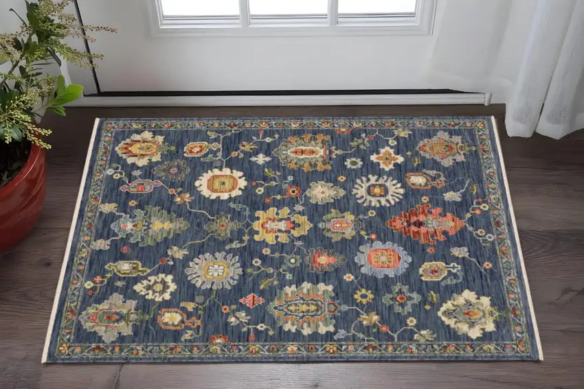Blue Red And Ivory Oriental Area Rug With Fringe Photo 1