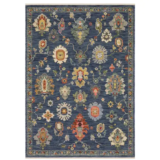 Blue Red And Ivory Oriental Area Rug With Fringe Photo 2
