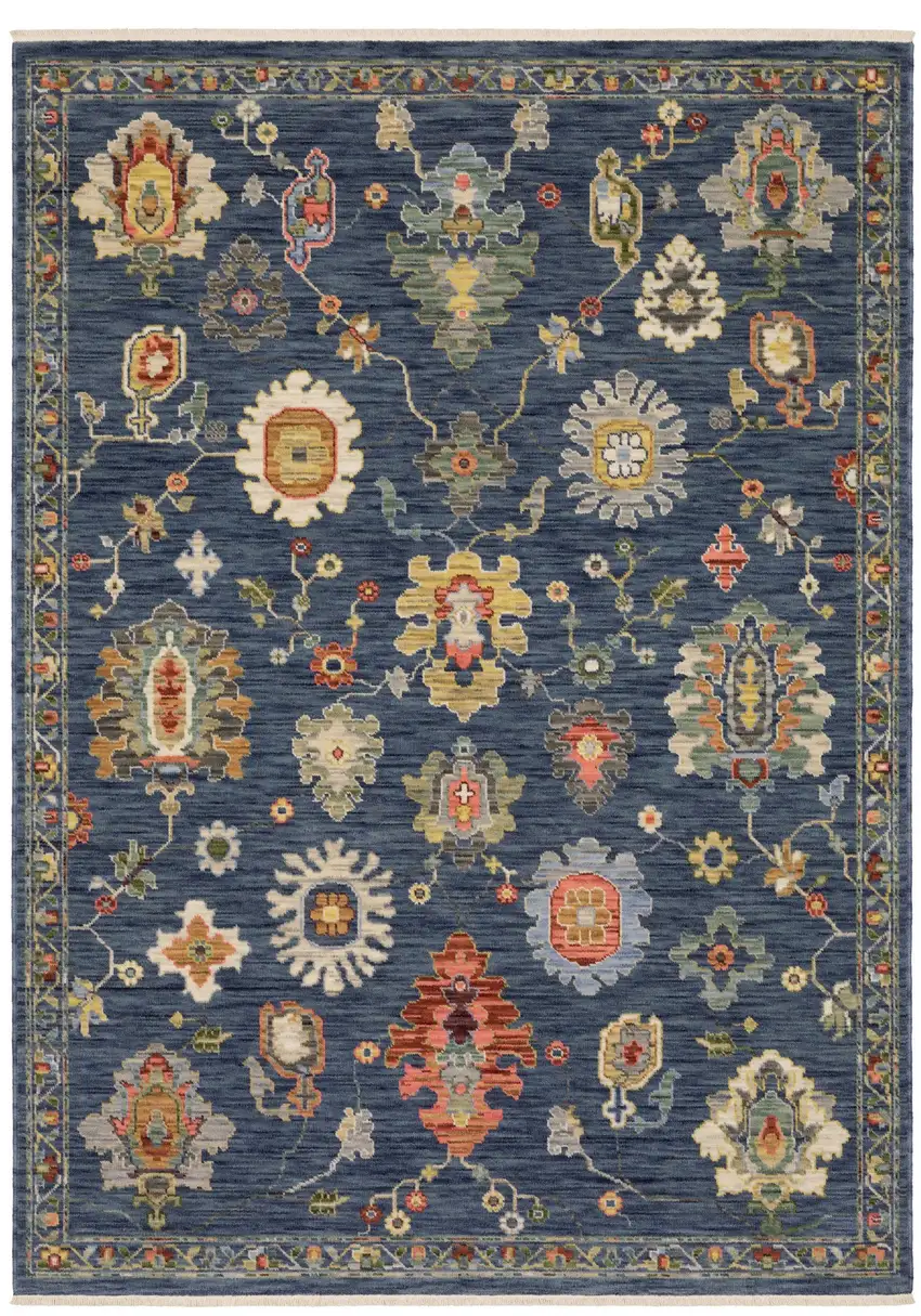 Blue Red And Ivory Oriental Area Rug With Fringe Photo 2
