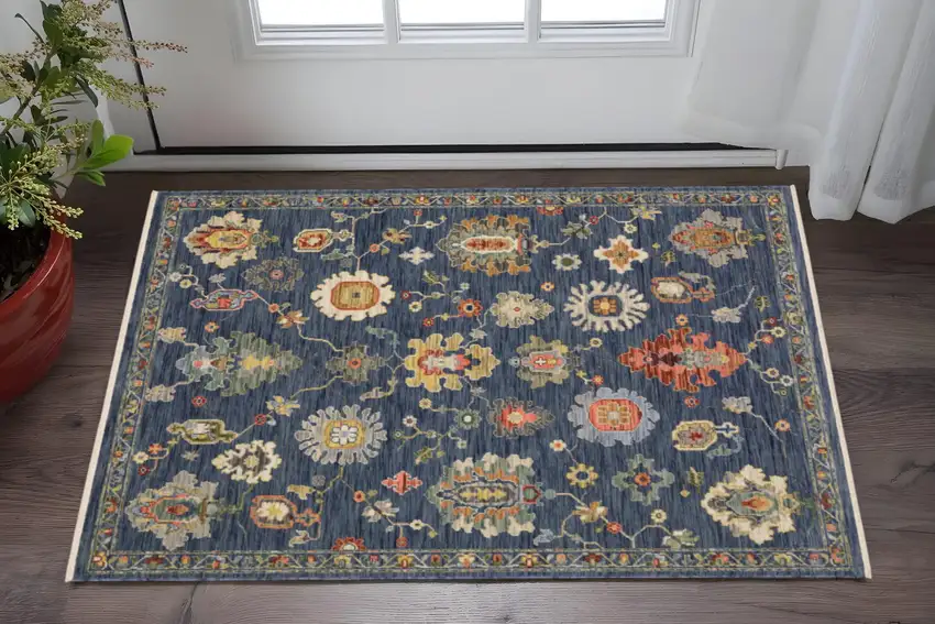 Blue Red And Ivory Oriental Area Rug With Fringe Photo 1