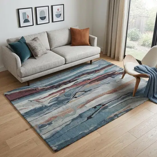 Blue and Orange Wool Abstract Hand Tufted Area Rug Photo 1