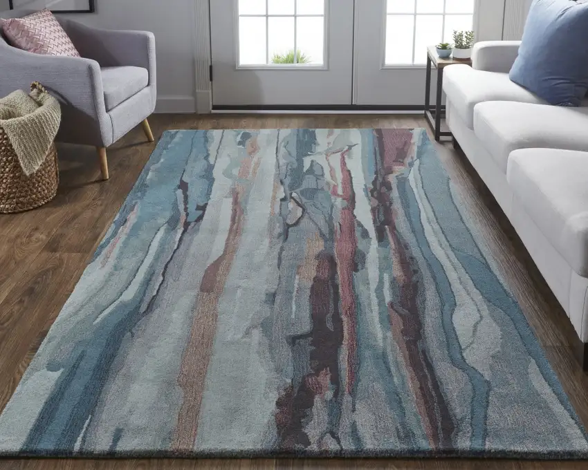 Blue Red And Ivory Wool Abstract Tufted Handmade Stain Resistant Area Rug Photo 6