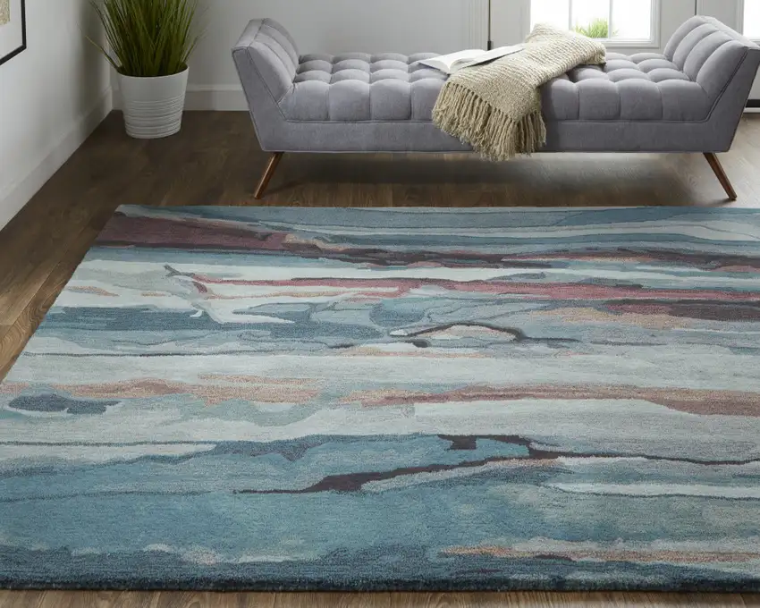 Blue Red And Ivory Wool Abstract Tufted Handmade Stain Resistant Area Rug Photo 7