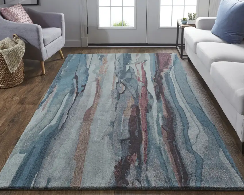 Blue Red And Ivory Wool Abstract Tufted Handmade Stain Resistant Area Rug Photo 7