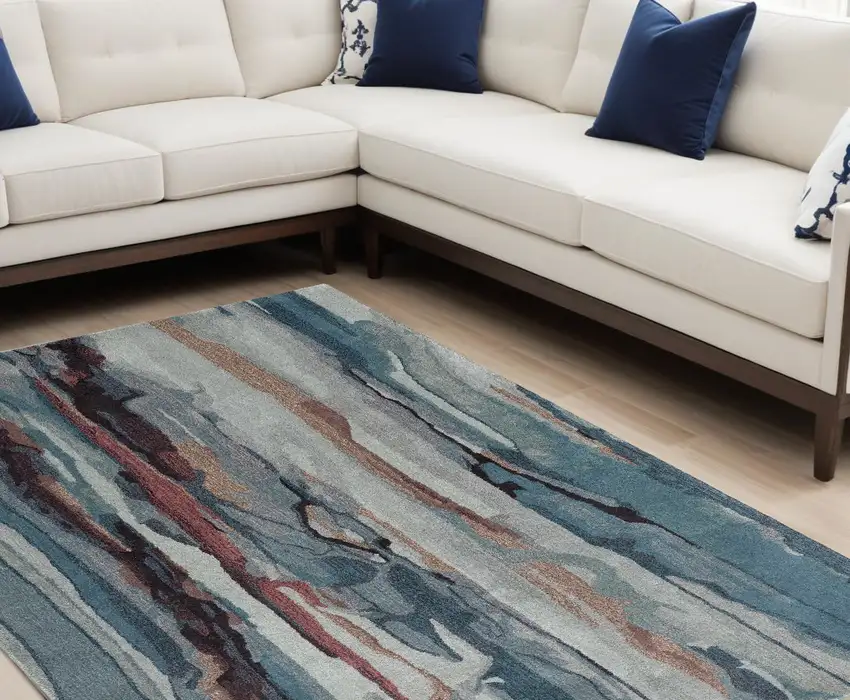 Blue Red And Ivory Wool Abstract Tufted Handmade Stain Resistant Area Rug Photo 1