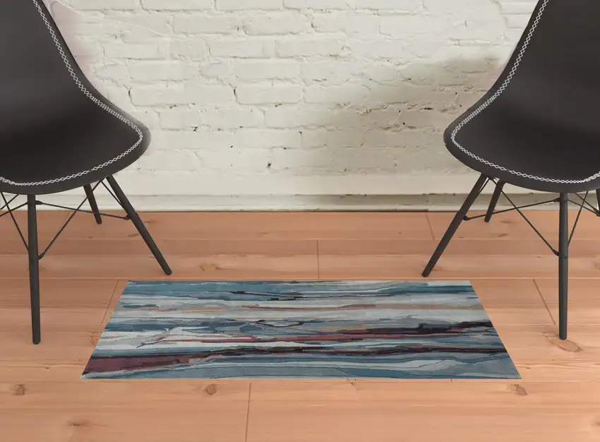 Blue Red And Ivory Wool Abstract Tufted Handmade Stain Resistant Area Rug Photo 2