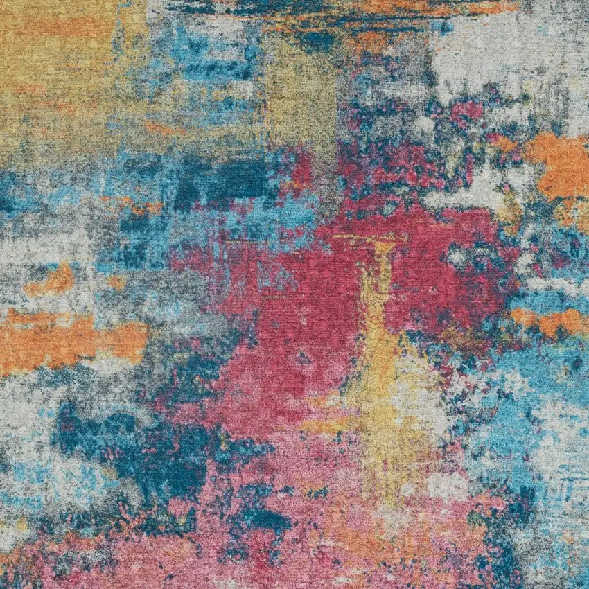 Blue Red And Orange Abstract Distressed Area Rug Photo 7