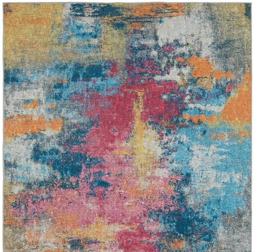 Blue Red And Orange Abstract Distressed Area Rug Photo 4