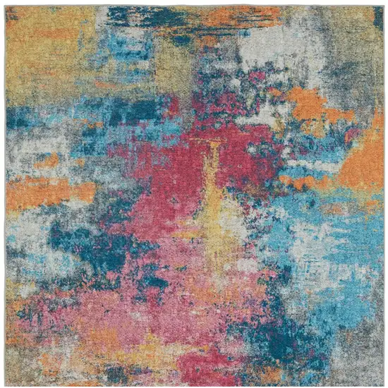 Blue Red And Orange Abstract Distressed Area Rug Photo 4