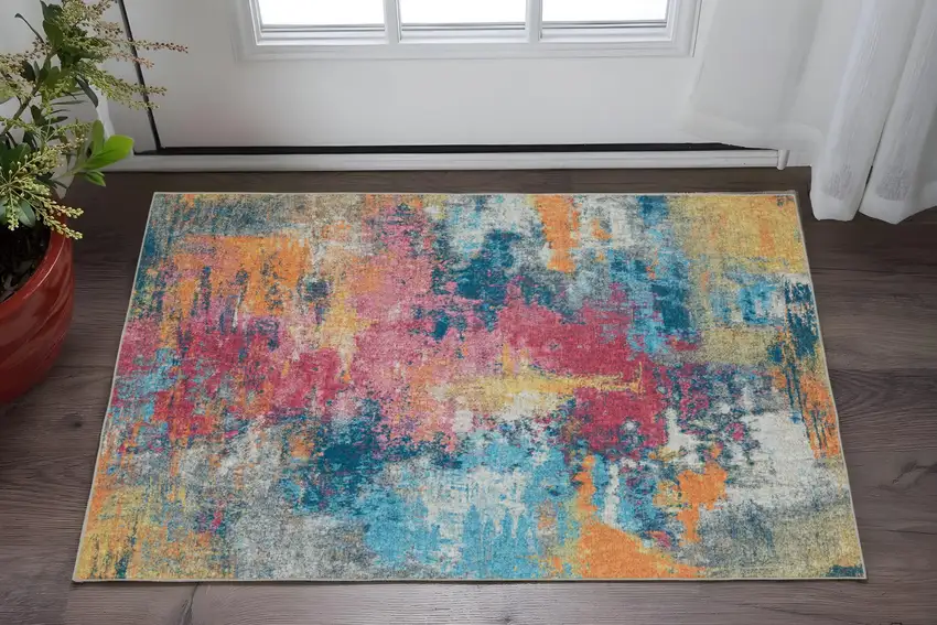 Blue Red And Orange Abstract Distressed Area Rug Photo 1