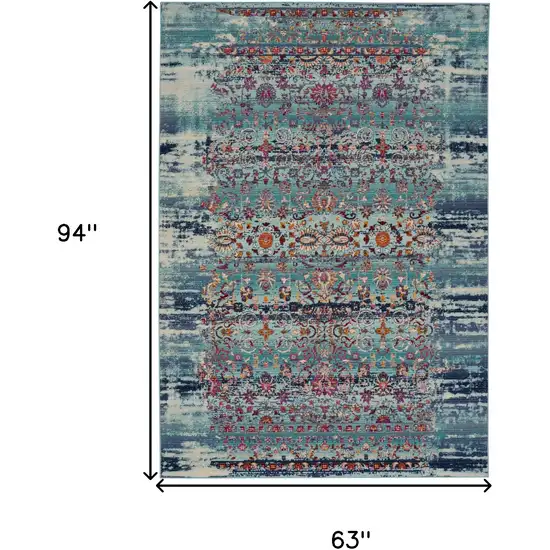 Blue Red And Orange Floral Distressed Area Rug Photo 3