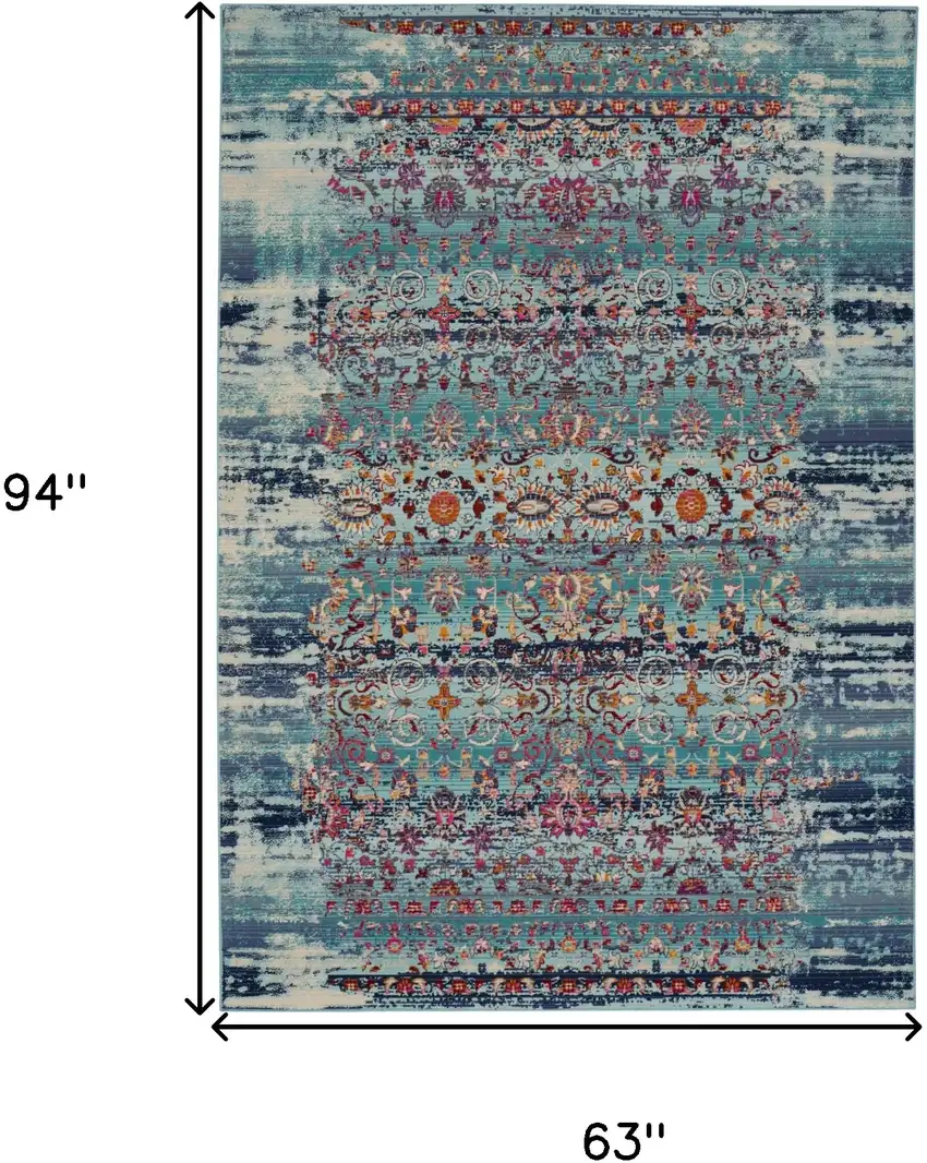 Blue Red And Orange Floral Distressed Area Rug Photo 3