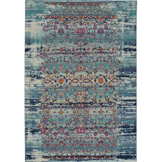 Blue Red And Orange Floral Distressed Area Rug Photo 2