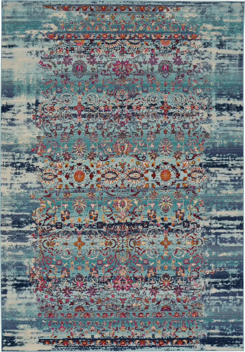 Blue Red And Orange Floral Distressed Area Rug Photo 2