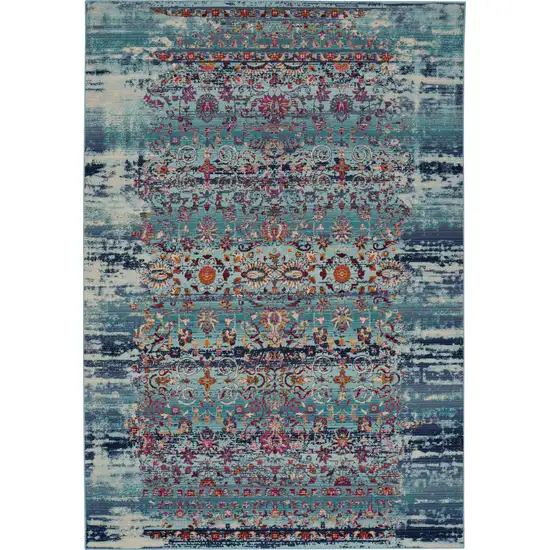 Blue Red And Orange Floral Distressed Area Rug Photo 1
