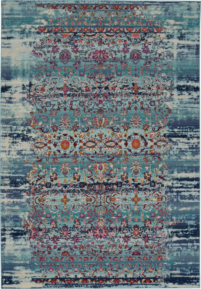 Blue Red And Orange Floral Distressed Area Rug Photo 1
