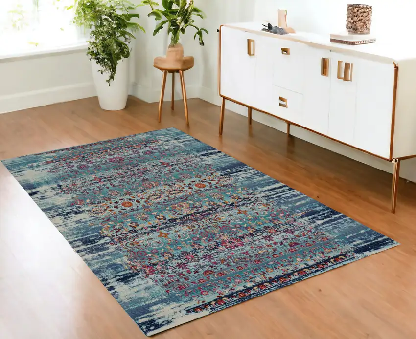 Blue Red And Orange Floral Distressed Area Rug Photo 1