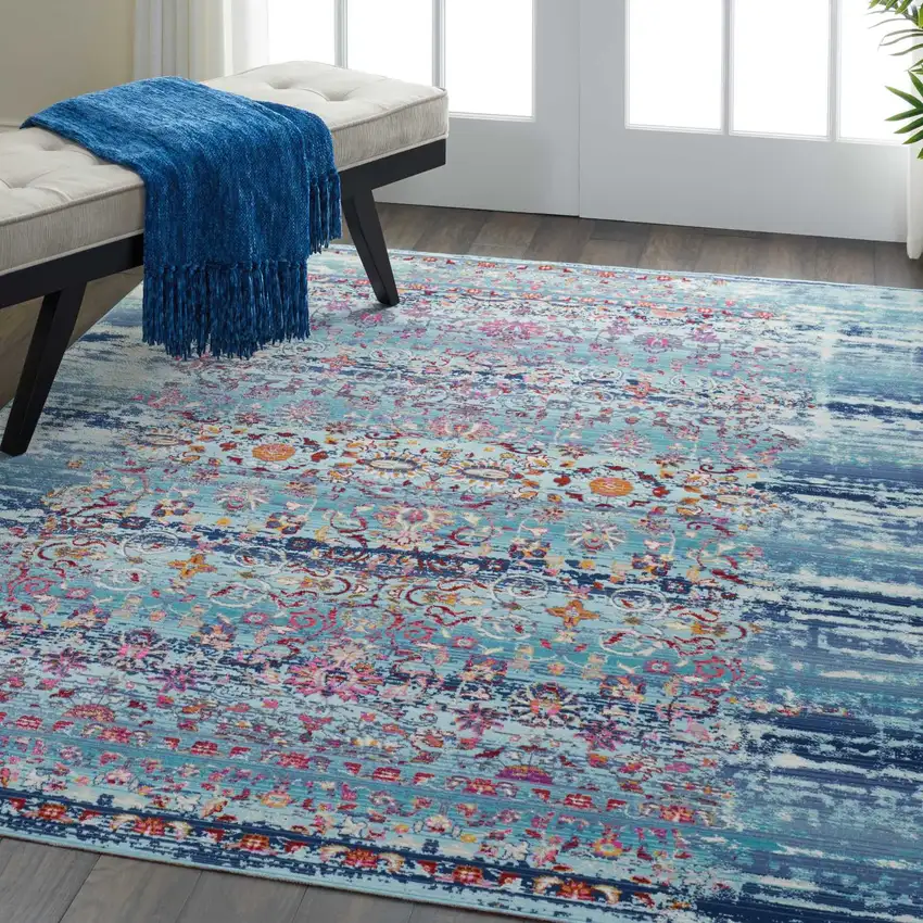 Blue Red And Orange Floral Distressed Area Rug Photo 5