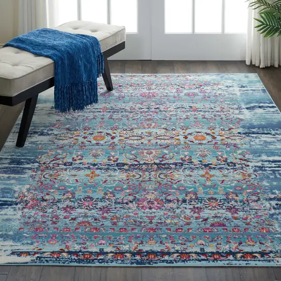Blue Red And Orange Floral Distressed Area Rug Photo 3