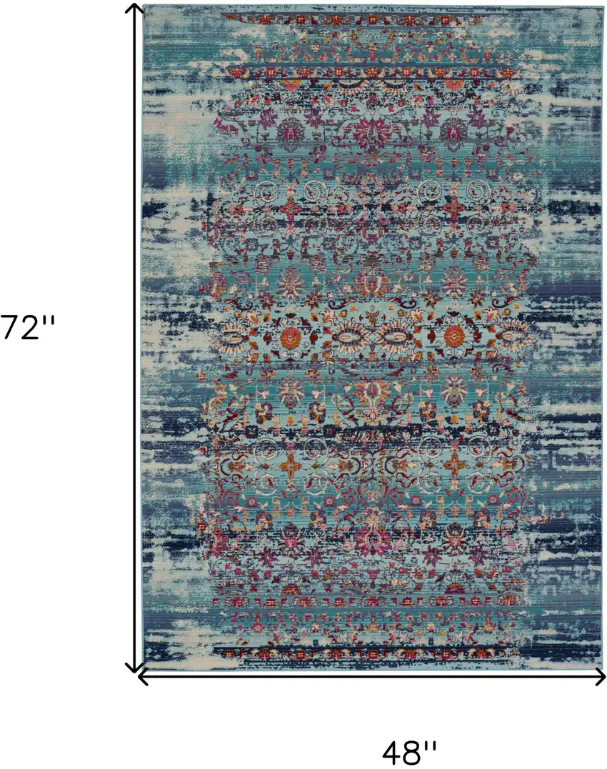 Blue Red And Orange Floral Distressed Area Rug Photo 2