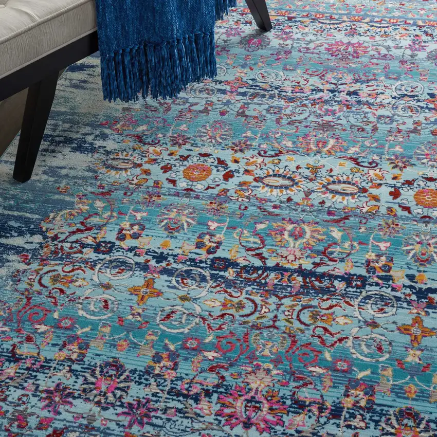 Blue Red And Orange Floral Distressed Area Rug Photo 4