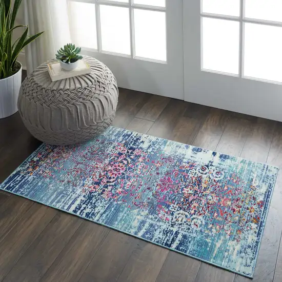 Blue Red And Orange Floral Distressed Area Rug Photo 3