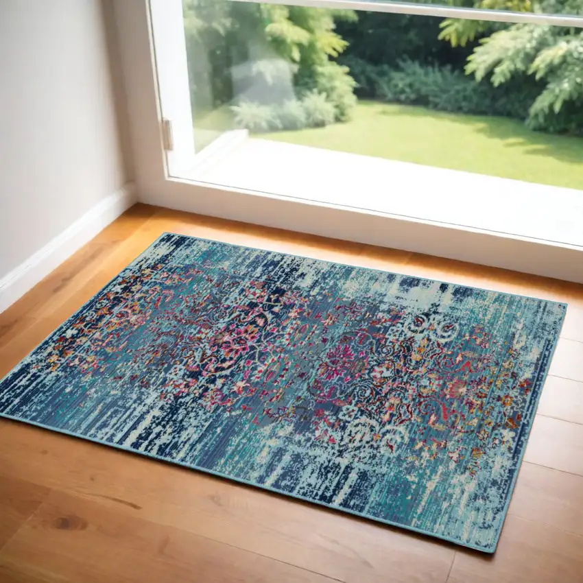 Blue Red And Orange Floral Distressed Area Rug Photo 2