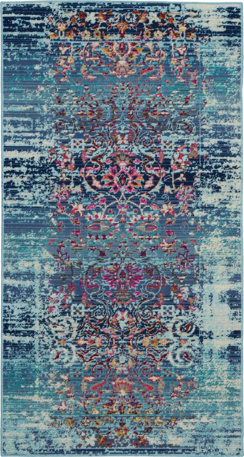 Blue Red And Orange Floral Distressed Area Rug Photo 1
