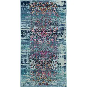 Photo of Blue Red And Orange Floral Distressed Area Rug