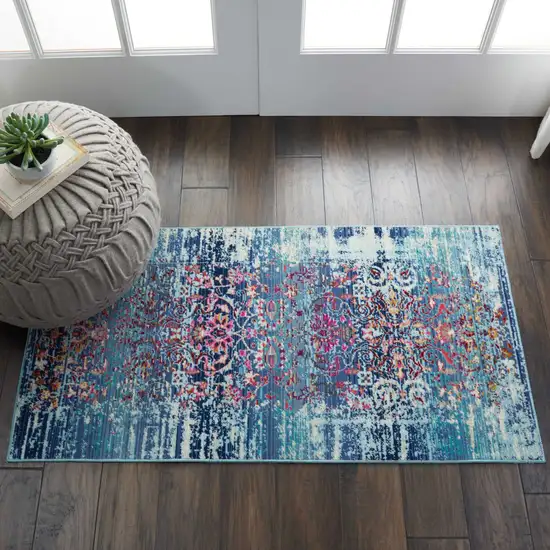 Blue Red And Orange Floral Distressed Area Rug Photo 4