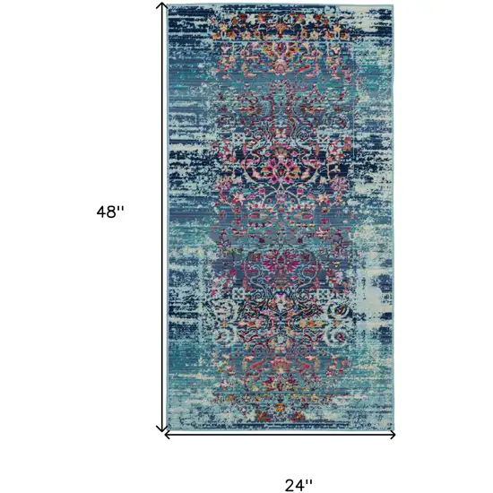 Blue Red And Orange Floral Distressed Area Rug Photo 3