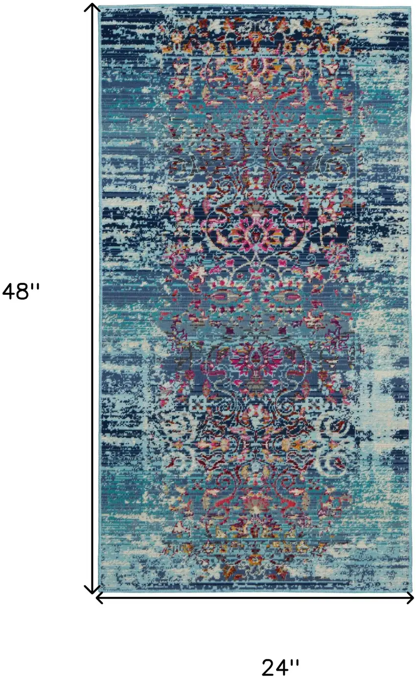 Blue Red And Orange Floral Distressed Area Rug Photo 3