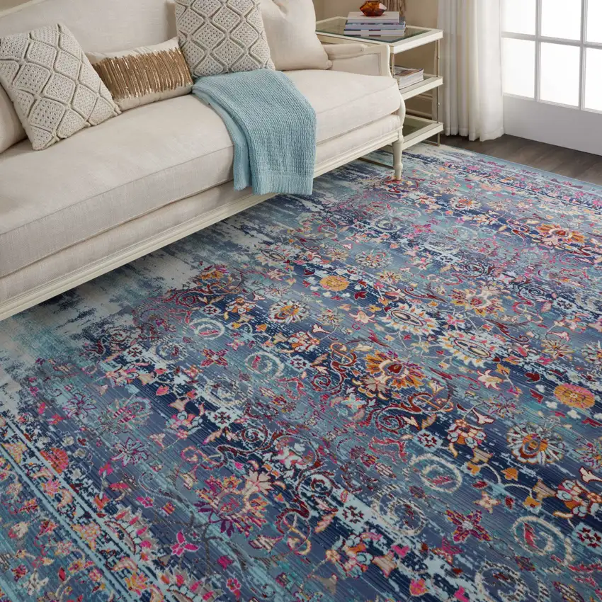 Blue Red And Orange Floral Distressed Non Skid Area Rug Photo 3