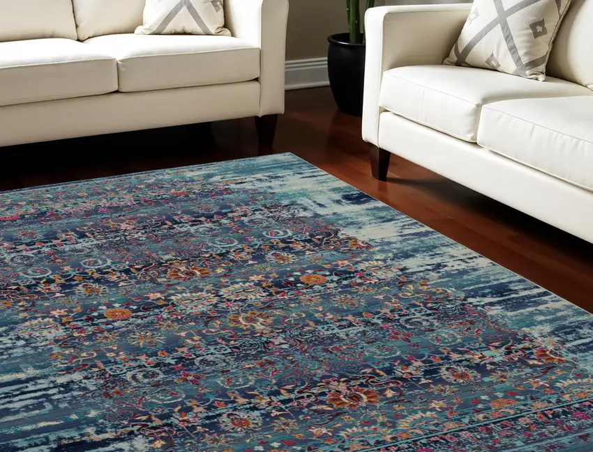 Blue Red And Orange Floral Distressed Non Skid Area Rug Photo 1