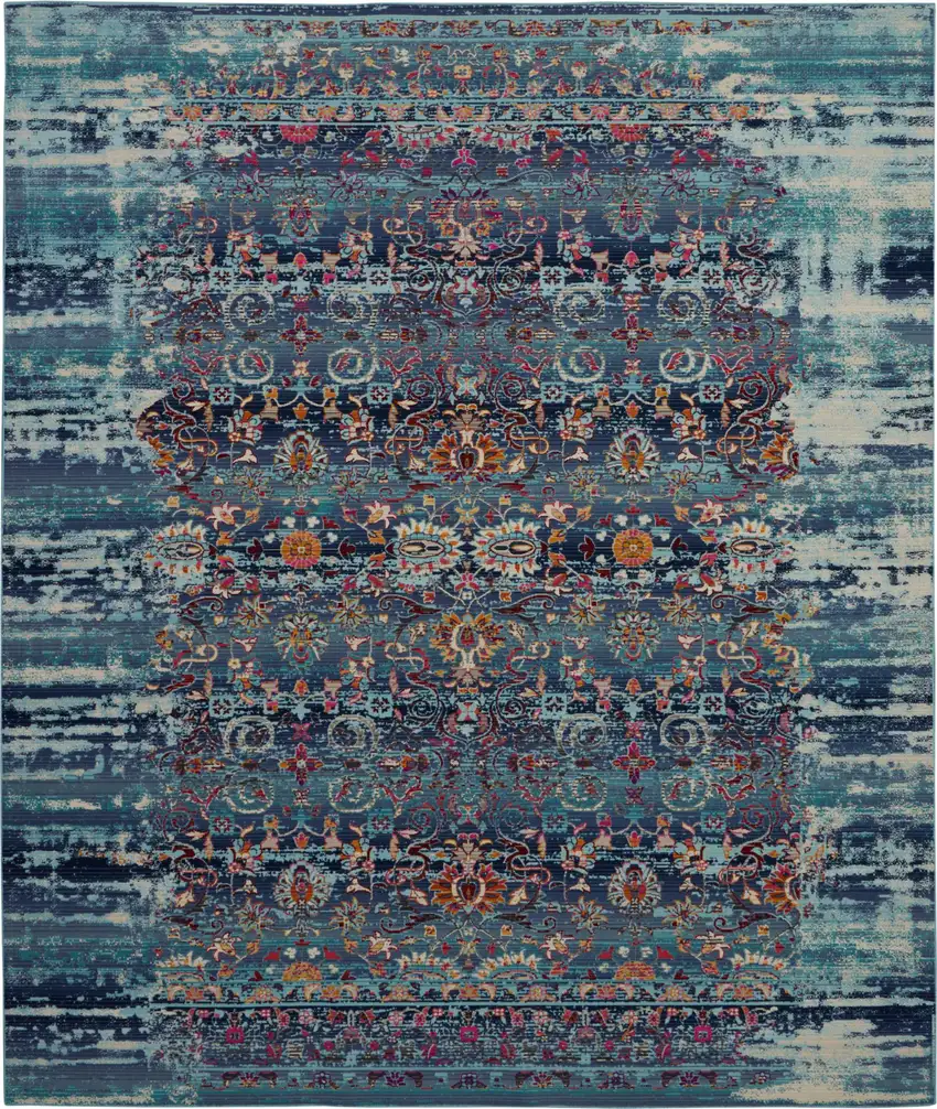 Blue Red And Orange Floral Distressed Non Skid Area Rug Photo 1