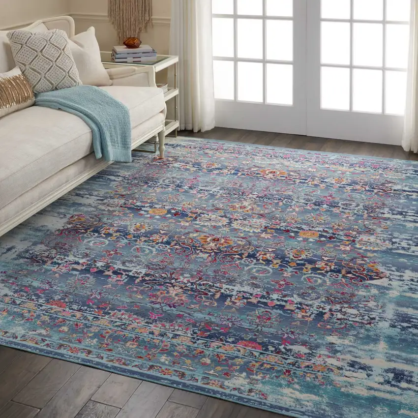 Blue Red And Orange Floral Distressed Non Skid Area Rug Photo 5