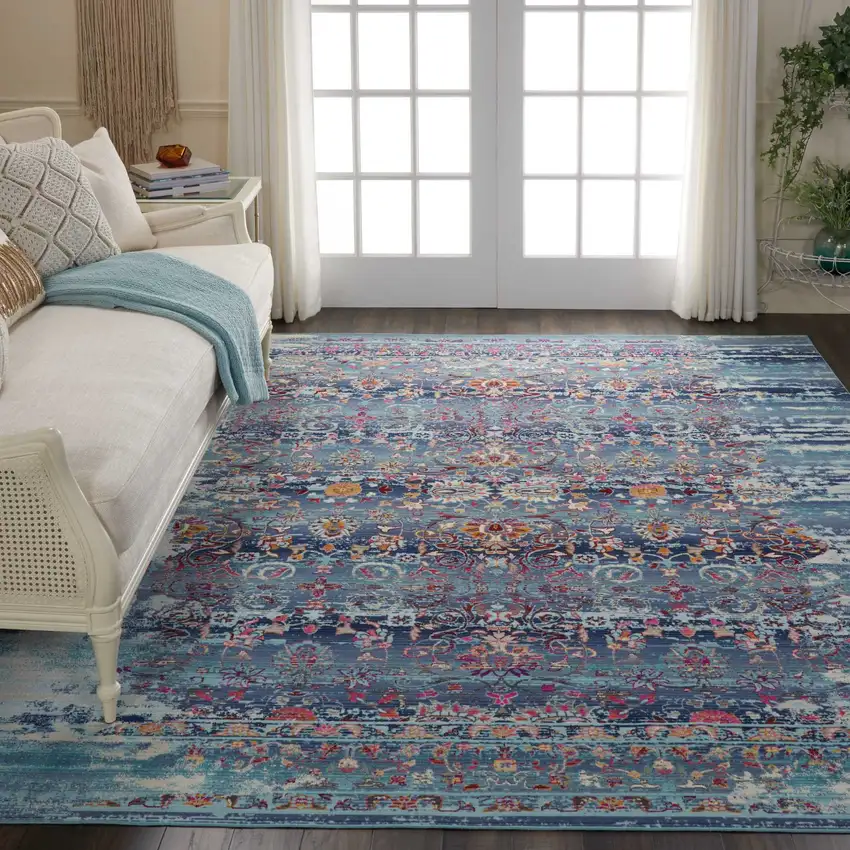 Blue Red And Orange Floral Distressed Non Skid Area Rug Photo 4