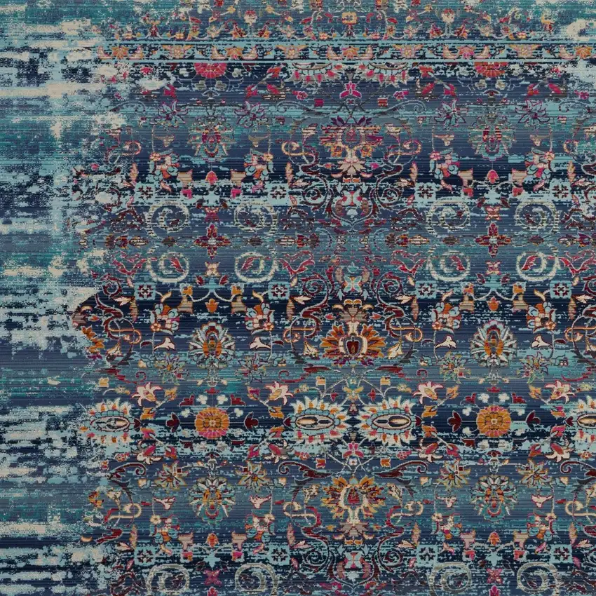 Blue Red And Orange Floral Distressed Non Skid Area Rug Photo 7