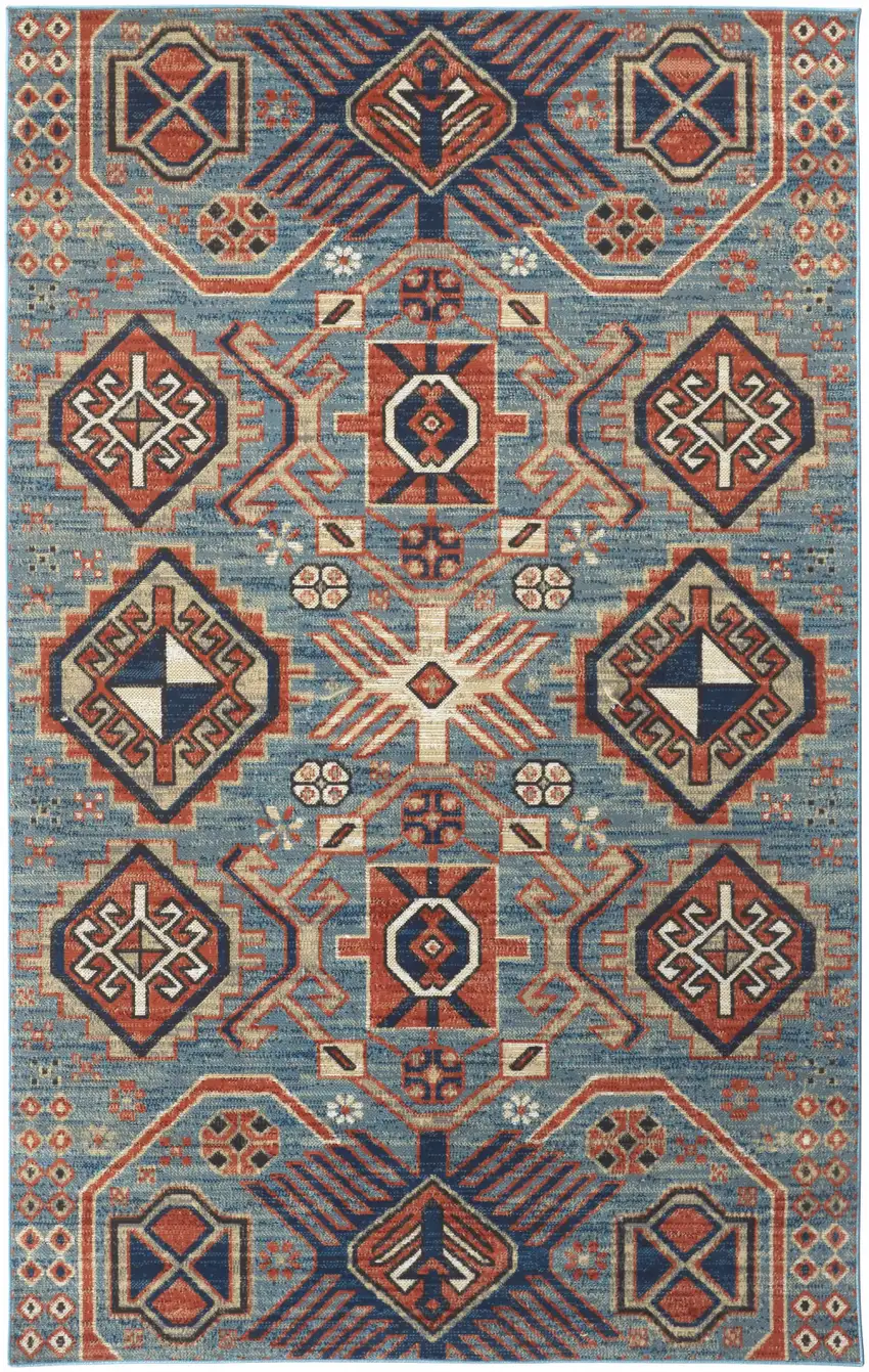 Blue Red And Tan Abstract Power Loom Distressed Stain Resistant Area Rug Photo 1