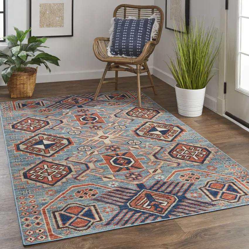 Blue Red And Tan Abstract Power Loom Distressed Stain Resistant Area Rug Photo 3