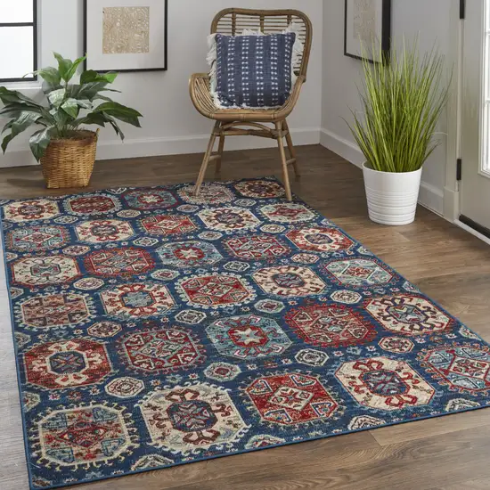 Blue Red And Tan Abstract Power Loom Distressed Stain Resistant Area Rug Photo 8