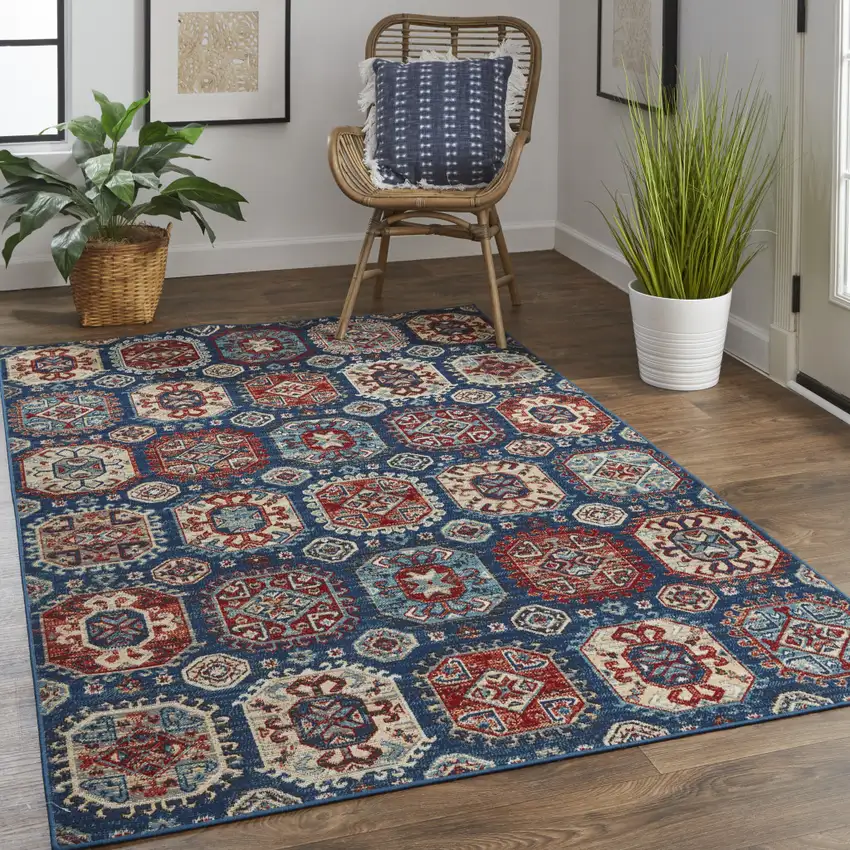 Blue Red And Tan Abstract Power Loom Distressed Stain Resistant Area Rug Photo 8