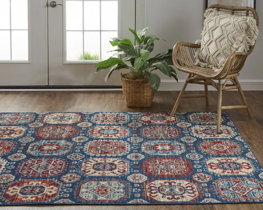 Blue Red And Tan Abstract Power Loom Distressed Stain Resistant Area Rug Photo 1