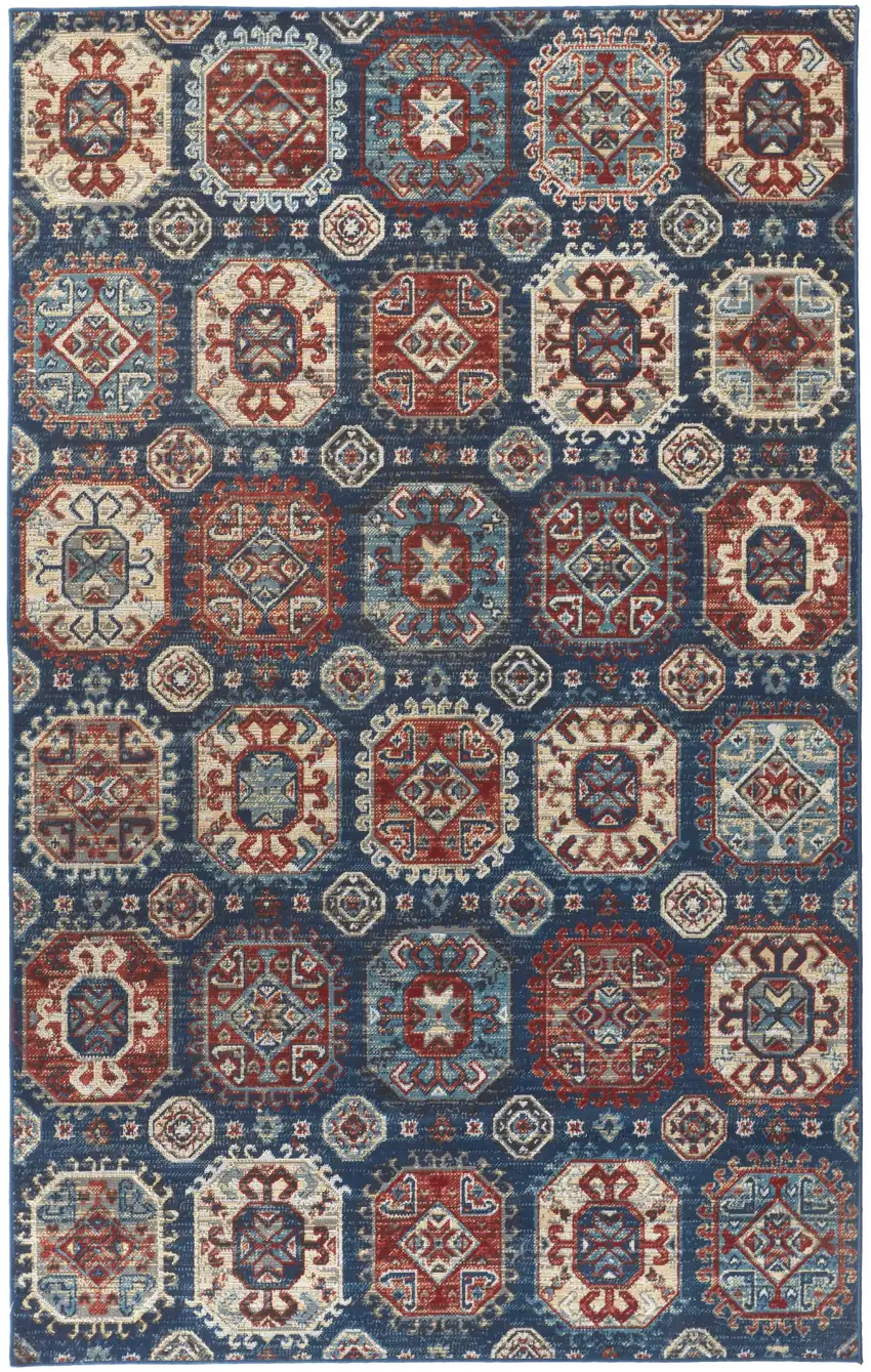Blue Red And Tan Abstract Power Loom Distressed Stain Resistant Area Rug Photo 2