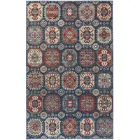 Photo of Blue Red And Tan Abstract Power Loom Distressed Stain Resistant Area Rug