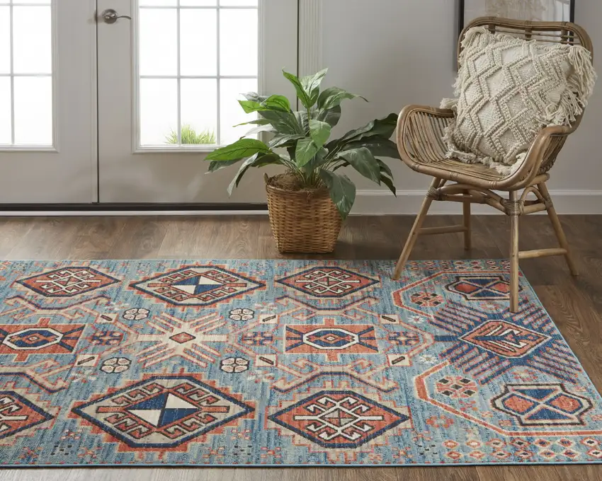Blue Red And Tan Abstract Power Loom Distressed Stain Resistant Area Rug Photo 9