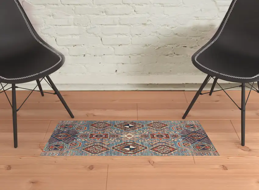 Blue Red And Tan Abstract Power Loom Distressed Stain Resistant Area Rug Photo 2